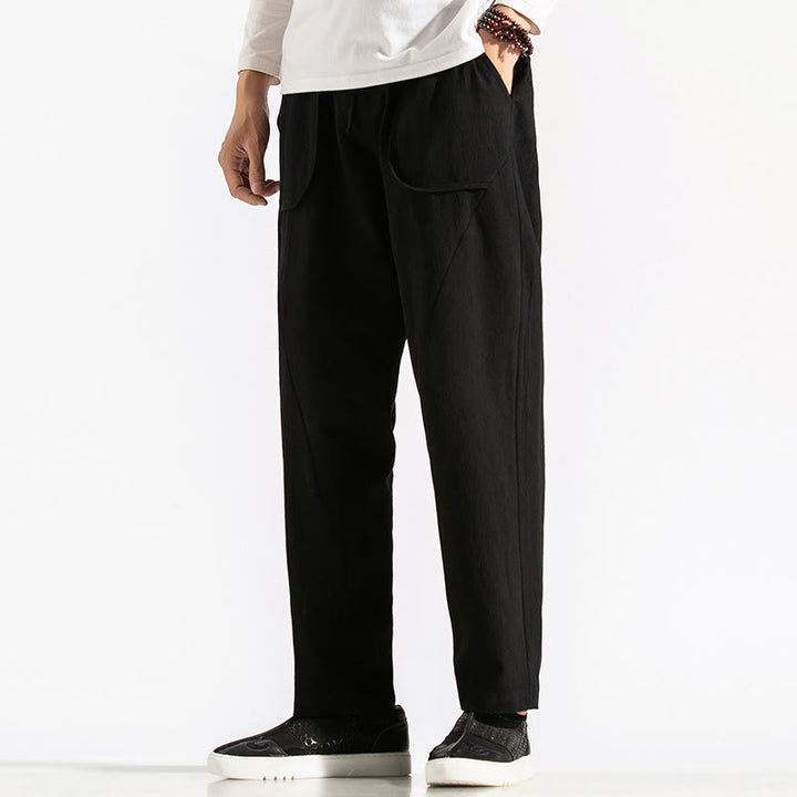 Buddha Stones Retro Casual Drawstring Design Men's Harem Cotton Plain Pants With Pockets - image 17