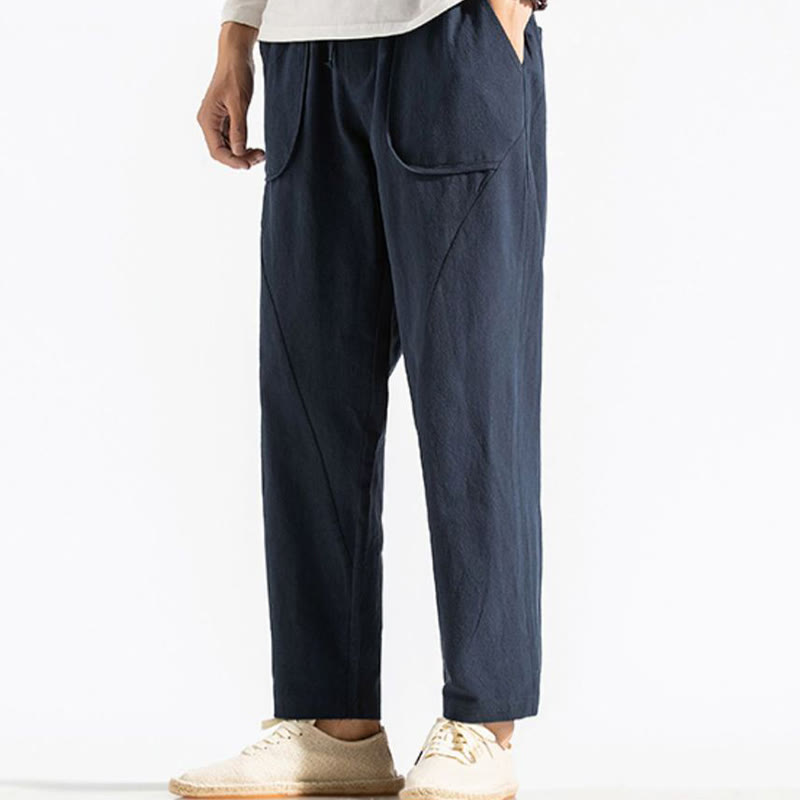 Buddha Stones Retro Casual Drawstring Design Men's Harem Cotton Plain Pants With Pockets - image 2