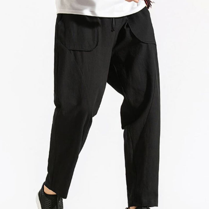 Buddha Stones Retro Casual Drawstring Design Men's Harem Cotton Plain Pants With Pockets - image 18