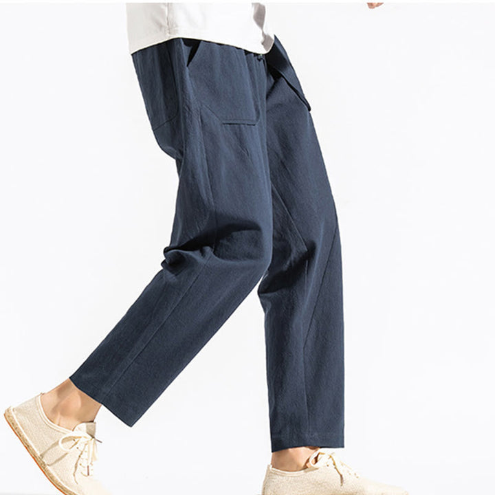 Buddha Stones Retro Casual Drawstring Design Men's Harem Cotton Plain Pants With Pockets - image 4