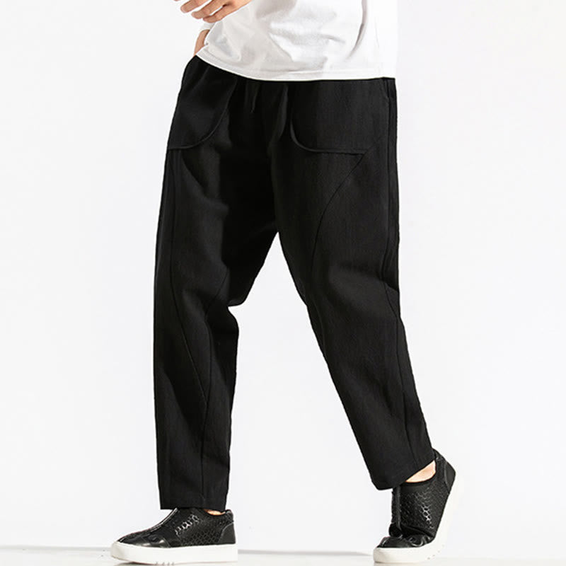 Buddha Stones Retro Casual Drawstring Design Men's Harem Cotton Plain Pants With Pockets - image 14