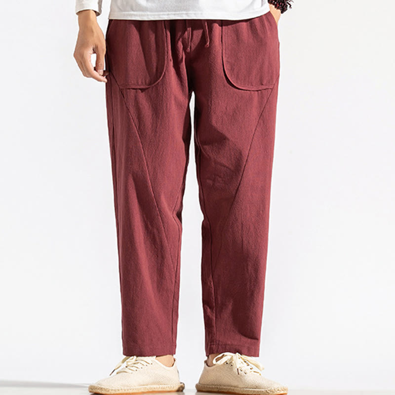 Buddha Stones Retro Casual Drawstring Design Men's Harem Cotton Plain Pants With Pockets - image 8