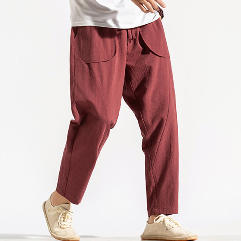 Buddha Stones Retro Casual Drawstring Design Men's Harem Cotton Plain Pants With Pockets - image 9