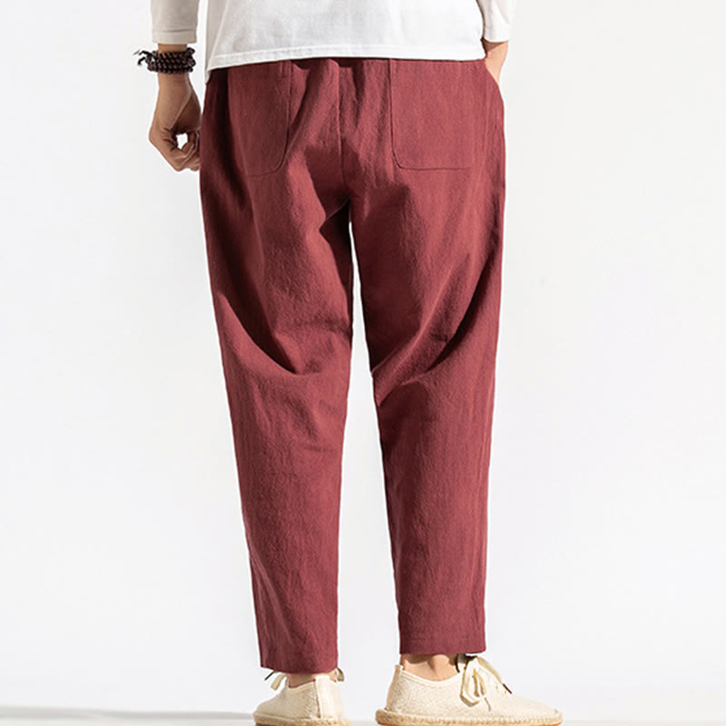 Buddha Stones Retro Casual Drawstring Design Men's Harem Cotton Plain Pants With Pockets - image 10