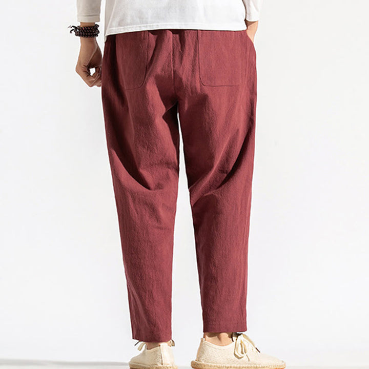 Buddha Stones Retro Casual Drawstring Design Men's Harem Cotton Plain Pants With Pockets - image 10