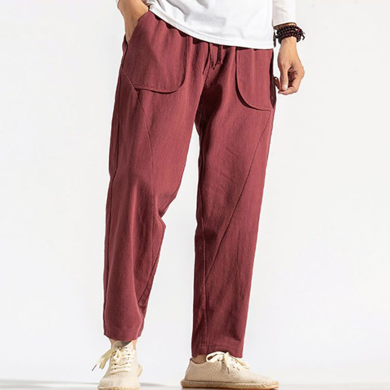 Buddha Stones Retro Casual Drawstring Design Men's Harem Cotton Plain Pants With Pockets - image 11