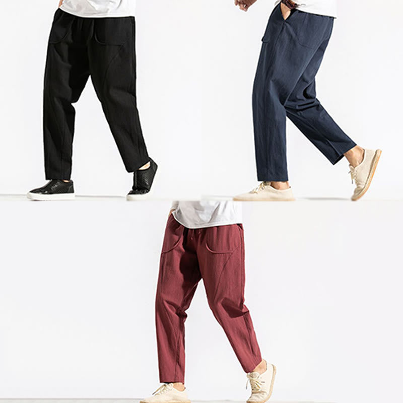 Buddha Stones Retro Casual Drawstring Design Men's Harem Cotton Plain Pants With Pockets - image 20