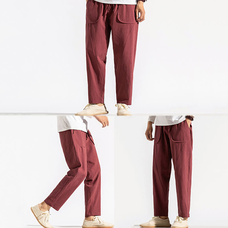 Buddha Stones Retro Casual Drawstring Design Men's Harem Cotton Plain Pants With Pockets - image 12