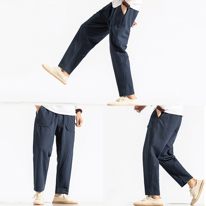 Buddha Stones Retro Casual Drawstring Design Men's Harem Cotton Plain Pants With Pockets - image 5