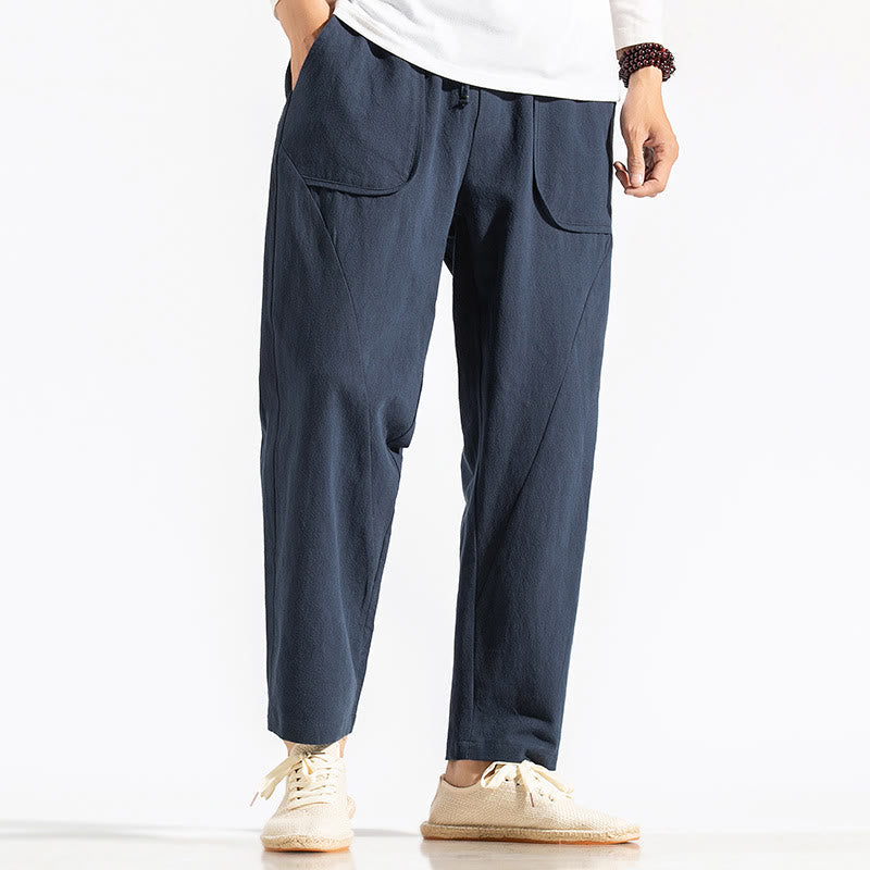 Buddha Stones Retro Casual Drawstring Design Men's Harem Cotton Plain Pants With Pockets - DarkBlue - US/UK/AU46，EU56 (5XL) - image 0