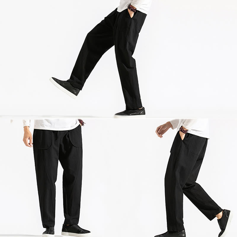Buddha Stones Retro Casual Drawstring Design Men's Harem Cotton Plain Pants With Pockets - image 19