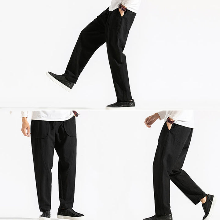 Buddha Stones Retro Casual Drawstring Design Men's Harem Cotton Plain Pants With Pockets - image 19