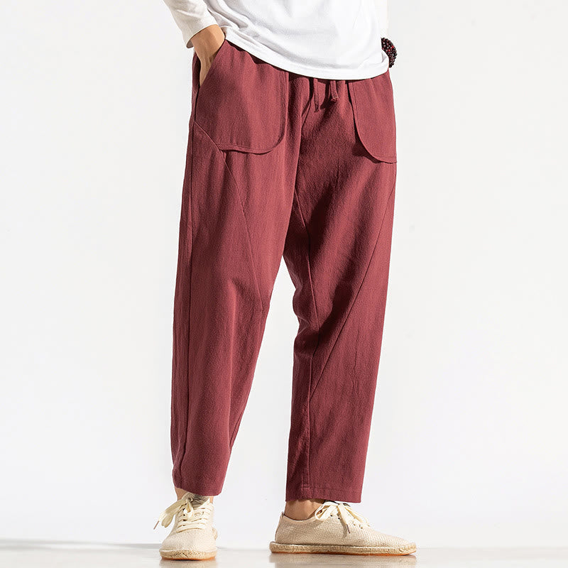 Buddha Stones Retro Casual Drawstring Design Men's Harem Cotton Plain Pants With Pockets - Crimson - US/UK/AU46，EU56 (5XL) - image 6