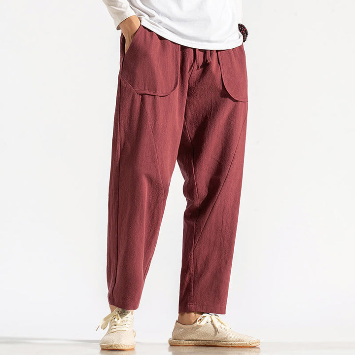 Buddha Stones Retro Casual Drawstring Design Men's Harem Cotton Plain Pants With Pockets - Crimson - US/UK/AU46，EU56 (5XL) - image 6