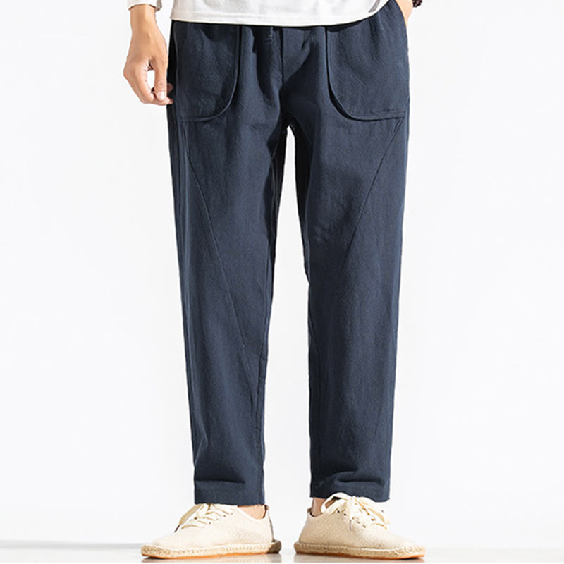 Buddha Stones Retro Casual Drawstring Design Men's Harem Cotton Plain Pants With Pockets - image 1
