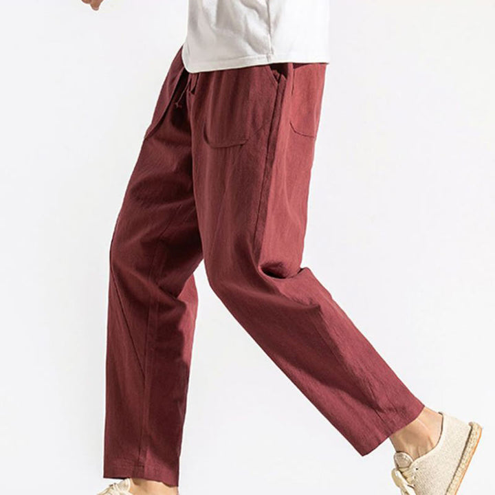 Buddha Stones Retro Casual Drawstring Design Men's Harem Cotton Plain Pants With Pockets - image 7