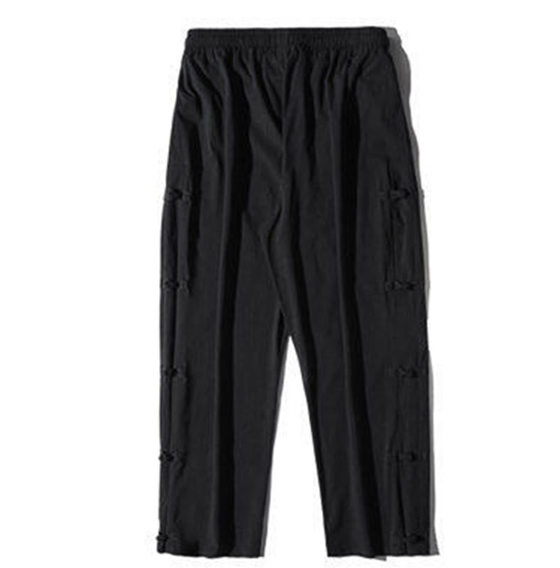 Buddha Stones Casual Patchwork Crane Pattern Frog-Button Design Men's Wide Leg Pants With Pockets - image 10
