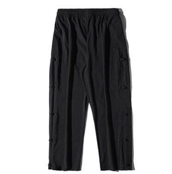 Buddha Stones Casual Patchwork Crane Pattern Frog-Button Design Men's Wide Leg Pants With Pockets - image 10