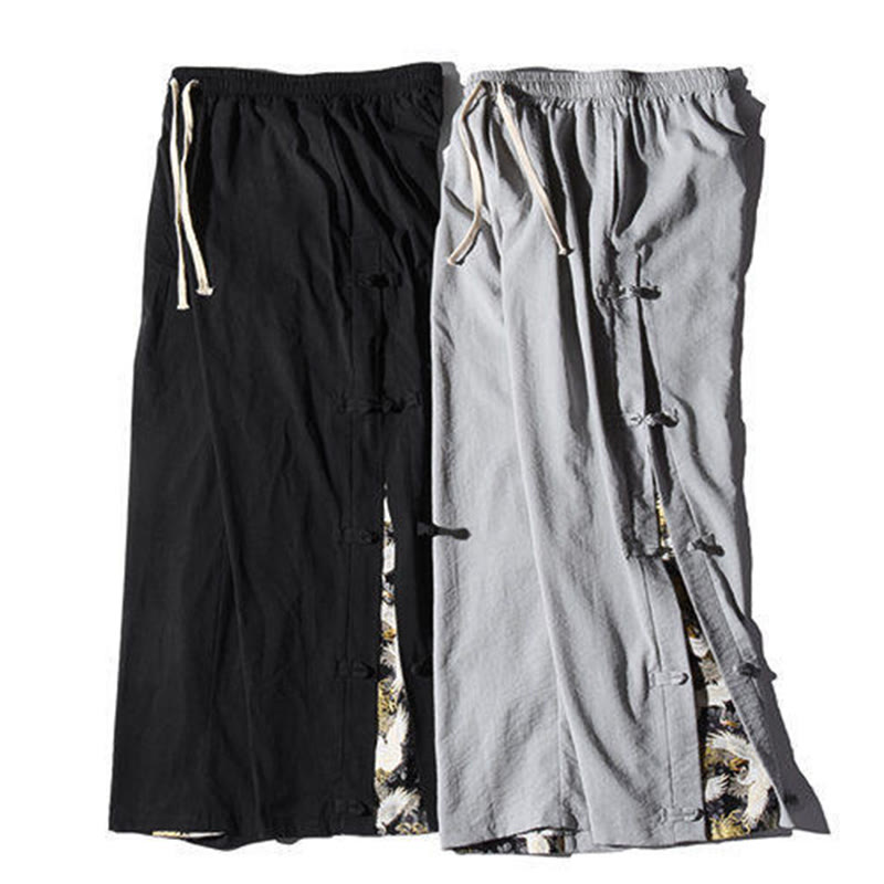 Buddha Stones Casual Patchwork Crane Pattern Frog-Button Design Men's Wide Leg Pants With Pockets - image 31