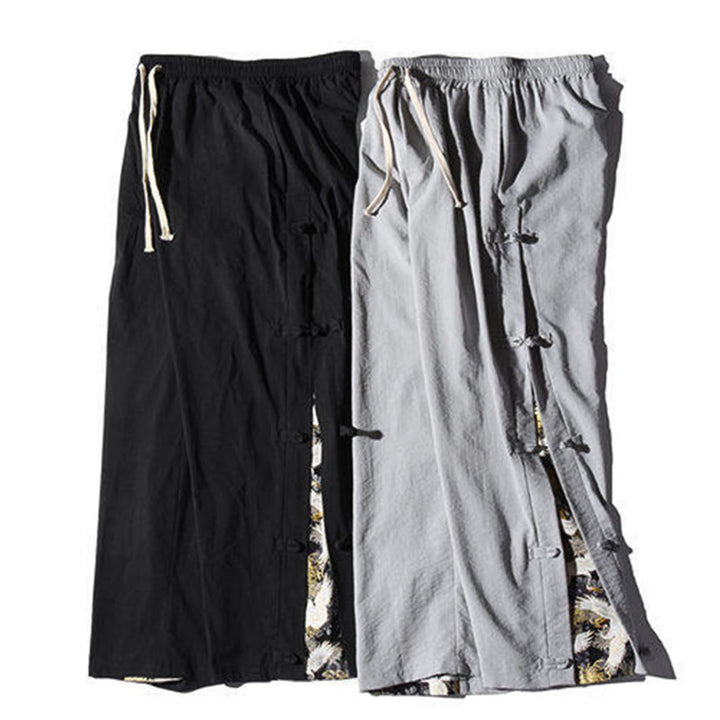 Buddha Stones Casual Patchwork Crane Pattern Frog-Button Design Men's Wide Leg Pants With Pockets - image 31