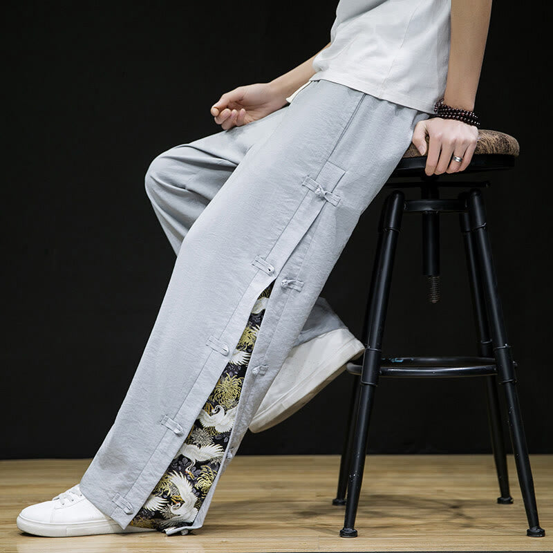 Buddha Stones Casual Patchwork Crane Pattern Frog-Button Design Men's Wide Leg Pants With Pockets - image 19