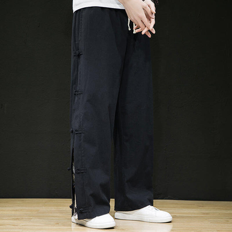 Buddha Stones Casual Patchwork Crane Pattern Frog-Button Design Men's Wide Leg Pants With Pockets - image 6