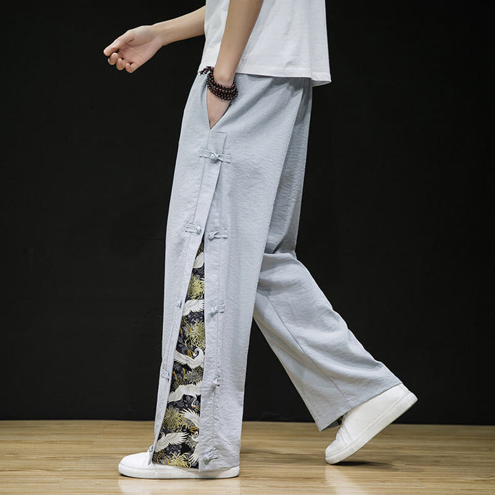 Buddha Stones Casual Patchwork Crane Pattern Frog-Button Design Men's Wide Leg Pants With Pockets - image 17
