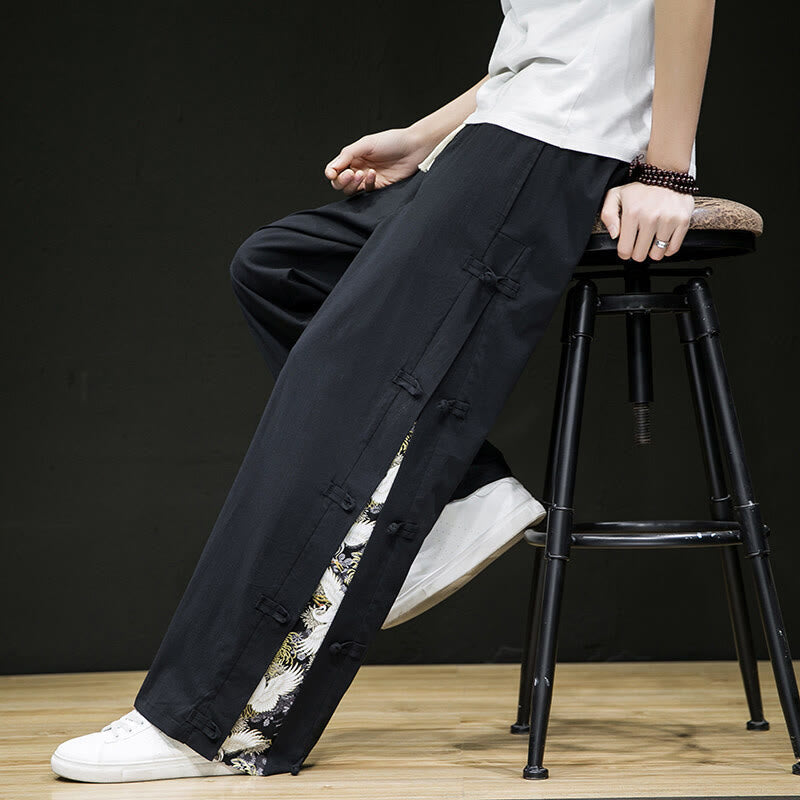 Buddha Stones Casual Patchwork Crane Pattern Frog-Button Design Men's Wide Leg Pants With Pockets - image 8