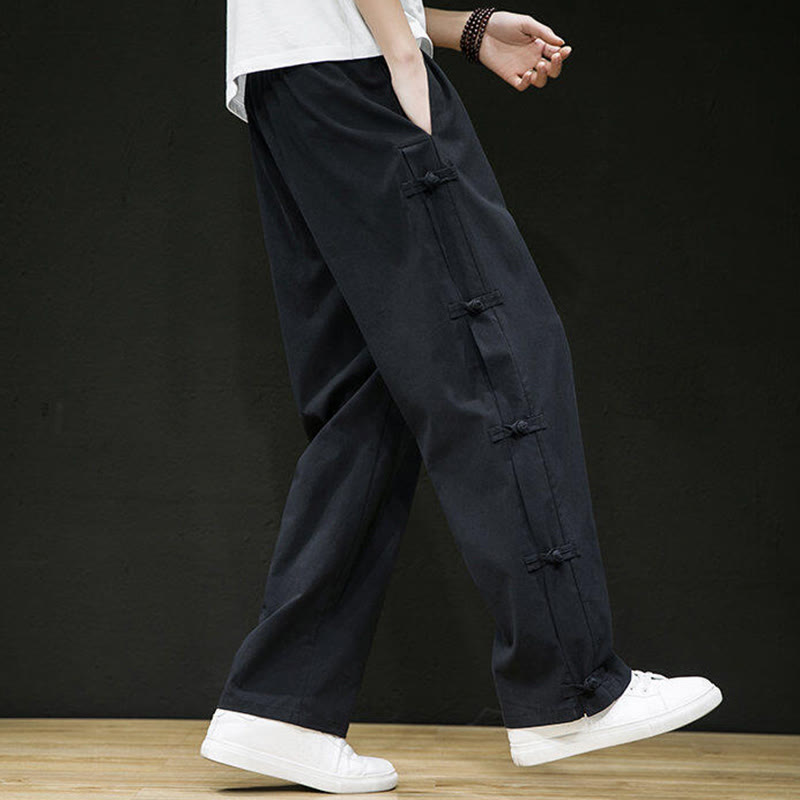 Buddha Stones Casual Patchwork Crane Pattern Frog-Button Design Men's Wide Leg Pants With Pockets - image 4