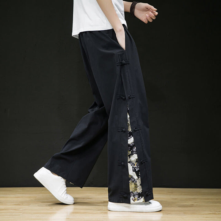 Buddha Stones Casual Patchwork Crane Pattern Frog-Button Design Men's Wide Leg Pants With Pockets - image 5