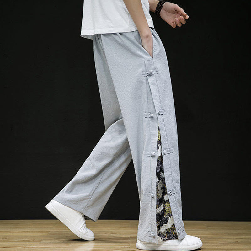 Buddha Stones Casual Patchwork Crane Pattern Frog-Button Design Men's Wide Leg Pants With Pockets - image 18