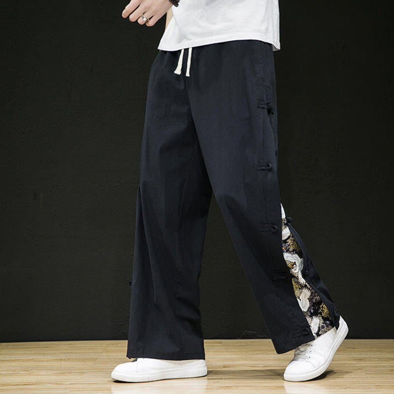 Buddha Stones Casual Patchwork Crane Pattern Frog-Button Design Men's Wide Leg Pants With Pockets - Black - US/UK/AU46，EU56 (5XL) - image 0