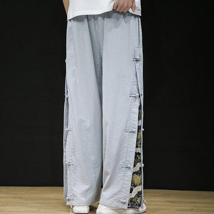 Buddha Stones Casual Patchwork Crane Pattern Frog-Button Design Men's Wide Leg Pants With Pockets - image 15