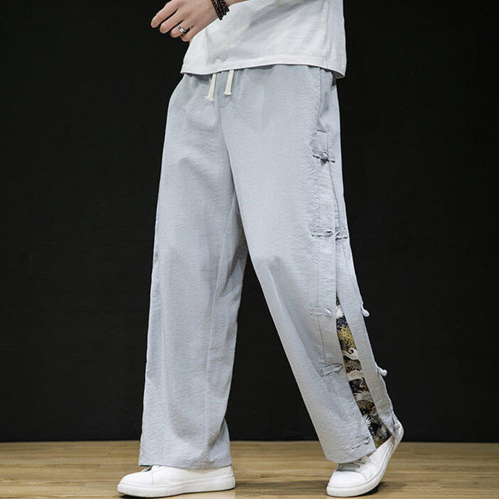 Buddha Stones Casual Patchwork Crane Pattern Frog-Button Design Men's Wide Leg Pants With Pockets - image 14