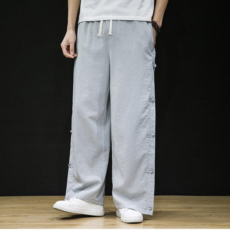 Buddha Stones Casual Patchwork Crane Pattern Frog-Button Design Men's Wide Leg Pants With Pockets - image 16