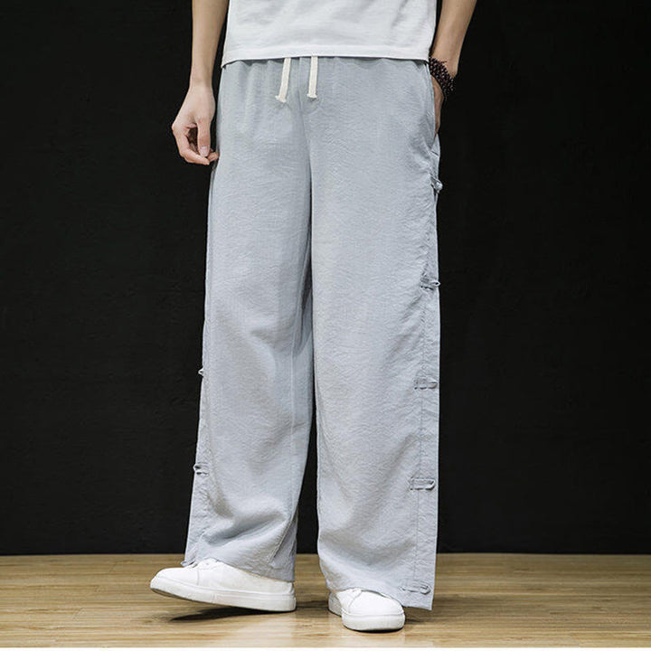 Buddha Stones Casual Patchwork Crane Pattern Frog-Button Design Men's Wide Leg Pants With Pockets - image 16