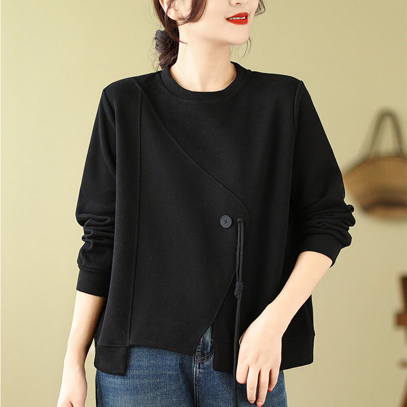 Buddha Stones Fall Plain Button Crew Neck Cotton Pullover Women's Sweatshirt  - Black - US12，UK/AU16，EU44 (2XL) - image 0