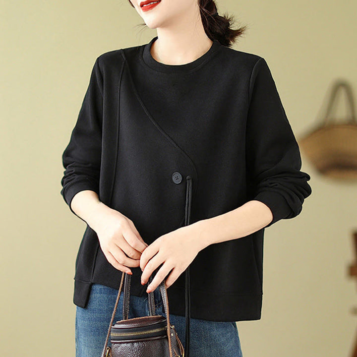 Buddha Stones Fall Plain Button Crew Neck Cotton Pullover Women's Sweatshirt  - image 2