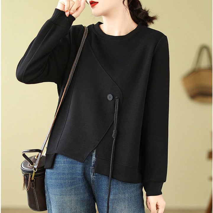 Buddha Stones Fall Plain Button Crew Neck Cotton Pullover Women's Sweatshirt  - image 4
