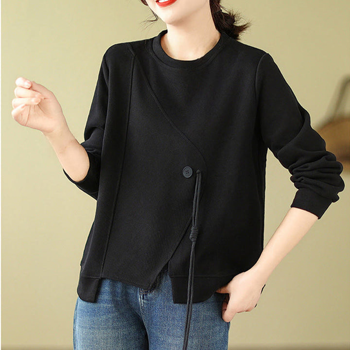 Buddha Stones Fall Plain Button Crew Neck Cotton Pullover Women's Sweatshirt  - image 3