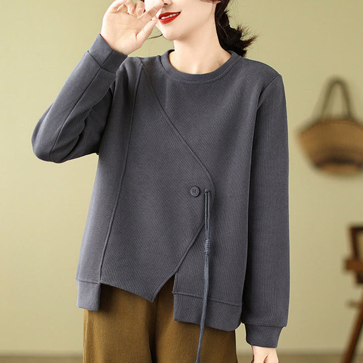 Buddha Stones Fall Plain Button Crew Neck Cotton Pullover Women's Sweatshirt  - DimGray - US12，UK/AU16，EU44 (2XL) - image 6