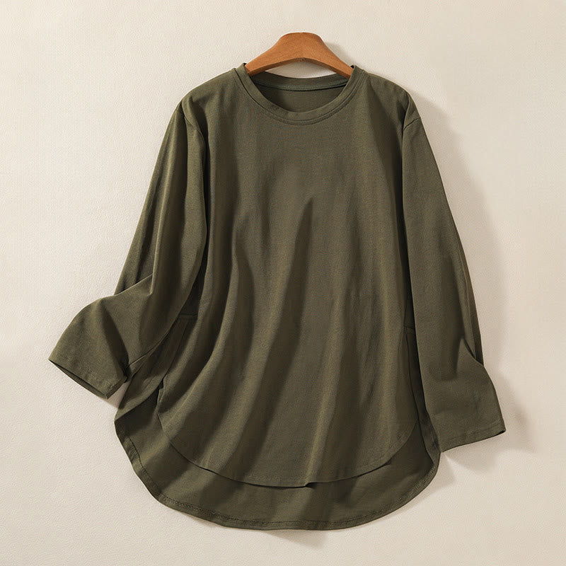 Buddha Stones Casual Pure Irregular Hem Cotton Linen Women's Long Sleeve T-shirt - DarkOliveGreen - US14，UK/AU18，EU46 (2XL) - image 0