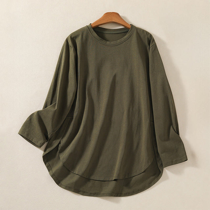 Buddha Stones Casual Pure Irregular Hem Cotton Linen Women's Long Sleeve T-shirt - DarkOliveGreen - US14，UK/AU18，EU46 (2XL) - image 0