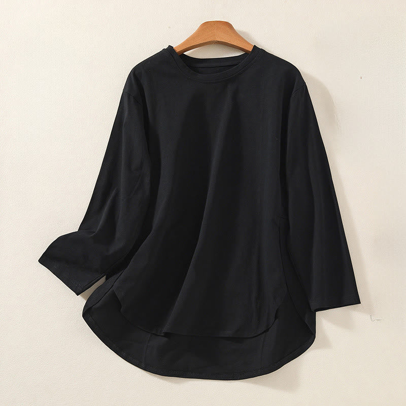 Buddha Stones Casual Pure Irregular Hem Cotton Linen Women's Long Sleeve T-shirt - Black - US14，UK/AU18，EU46 (2XL) - image 7
