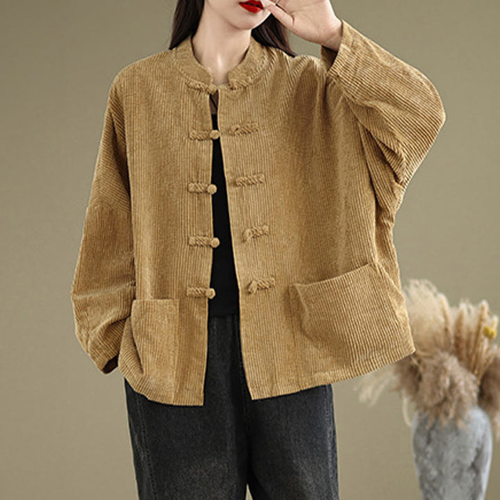 Buddha Stones Frog-button Stand Collar Women's Cotton Linen Corduroy Jacket - image 3