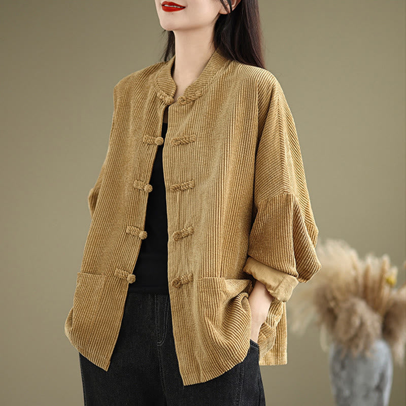 Buddha Stones Frog-button Stand Collar Women's Cotton Linen Corduroy Jacket - Goldenrod - US14，UK/AU18，EU46 (2XL) - image 0