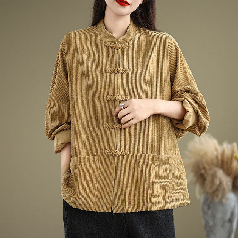 Buddha Stones Frog-button Stand Collar Women's Cotton Linen Corduroy Jacket - image 4