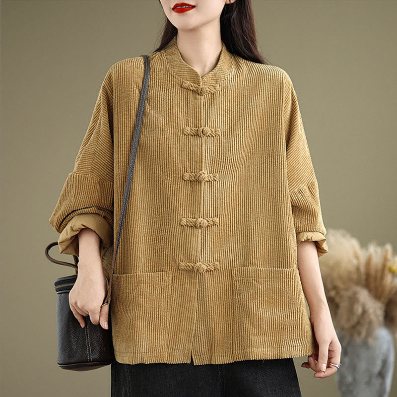 Buddha Stones Frog-button Stand Collar Women's Cotton Linen Corduroy Jacket - image 1