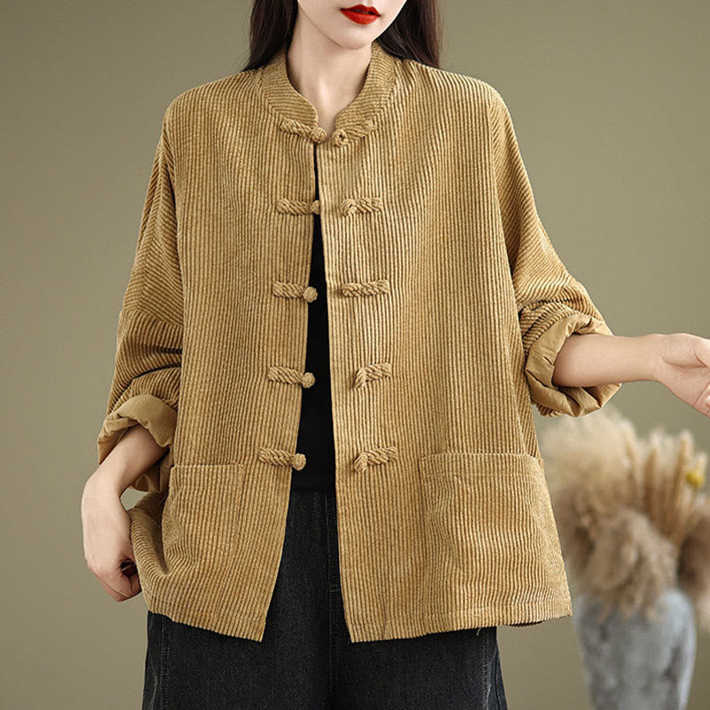 Buddha Stones Frog-button Stand Collar Women's Cotton Linen Corduroy Jacket - image 2