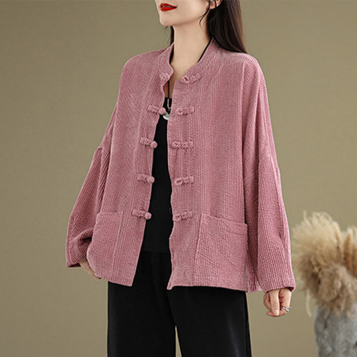 Buddha Stones Frog-button Stand Collar Women's Corduroy Jacket - PaleVioletRed - US14，UK/AU18，EU46 (2XL) - image 9